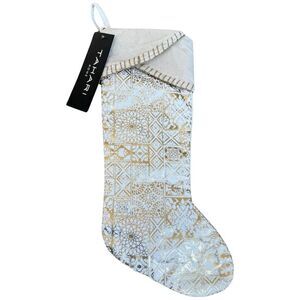 Tahari Home Ivory Embroidered Metallic Gold Geometric Christmas Stocking NWT